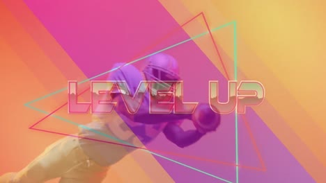 Animation-of-level-up-text-over-american-football-player-and-neon-triangles