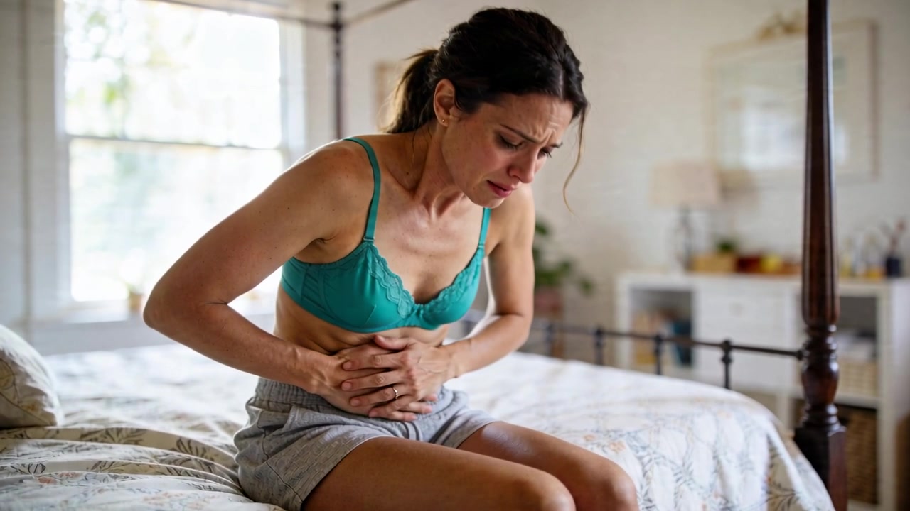 Clutching woman in teal bra pressing lower abdomen on bed in bedroom, reacting to sudden cramp