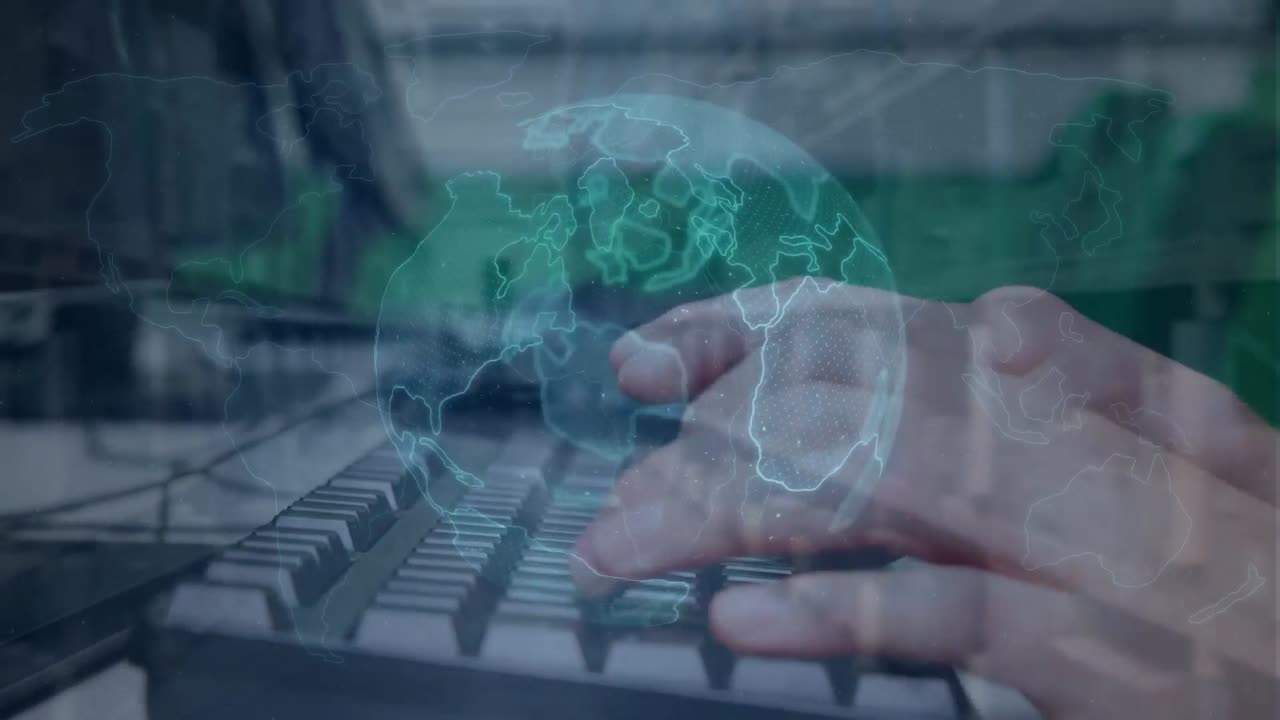 animación de conexiones con el globo sobre las manos de un niño caucásico usando computadora