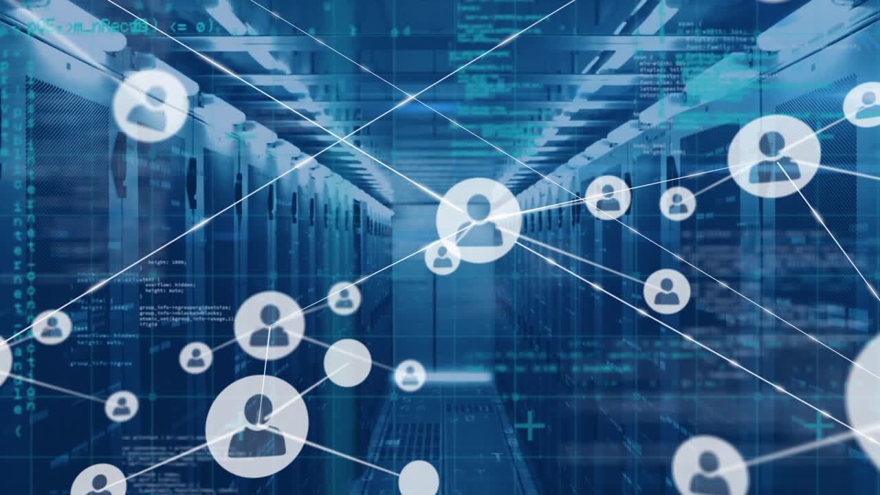Animation of network of profile icons and data processing against computer server room