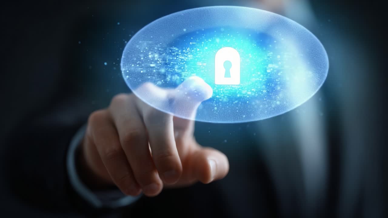 En forretningsperson med et futuristisk digitalt låsegrensesnitt, som symboliserer sikkerhet og innovasjon innen teknologi og databeskyttelse.