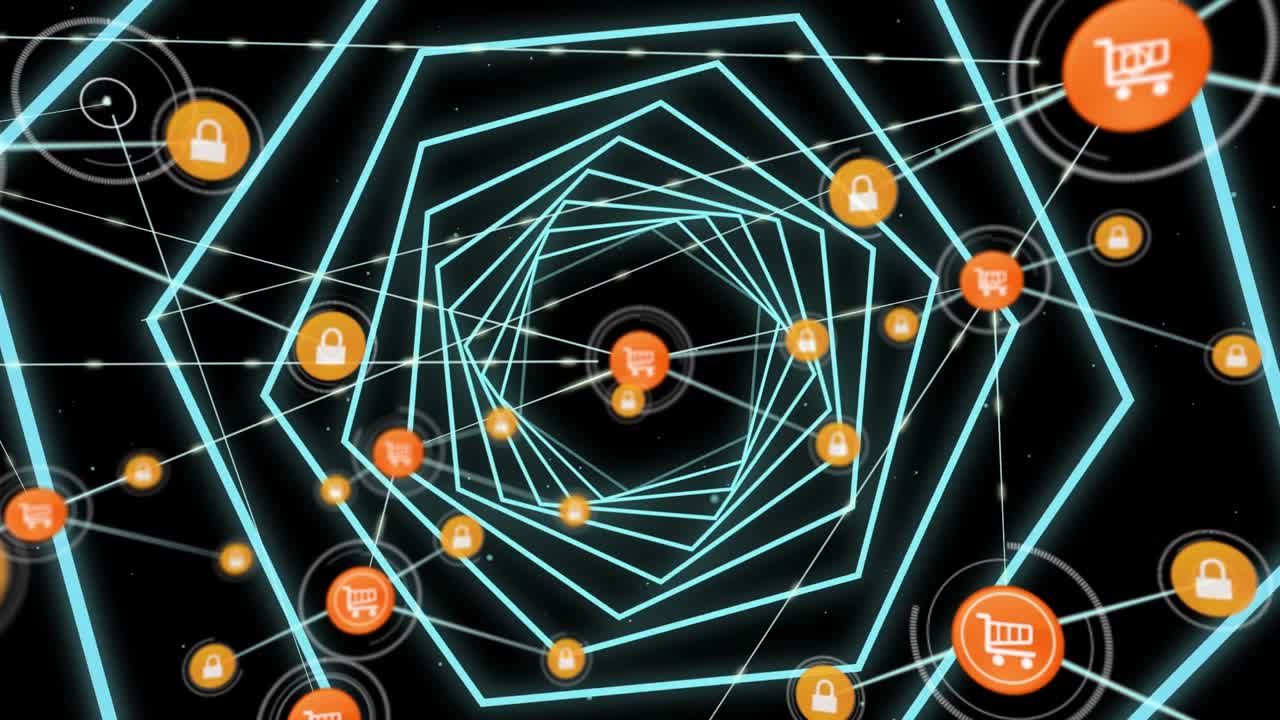 Animation of network of connections with icons over blue neon spiral on black background