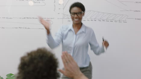 gente de negocios exitosa celebrando el éxito feliz líder de equipo mujer bailando divertido entusiasmado colegas aplaudiendo disfrutando de la victoria corporativa alto cinco en la sala de juntas presentación de la reunión