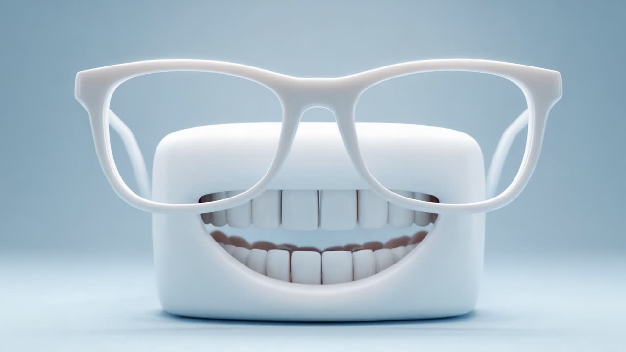 A playful and whimsical character featuring a smiling face with bright white teeth hidden behind stylish clear glasses, exuding joy and friendliness in a light blue background