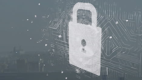 digital padlock icon hovering over misty skyline, featuring circuit traces and drifting particles