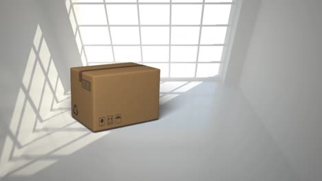 Animation-of-cardboard-box-falling-on-white-floor-with-skylight-in-the-background