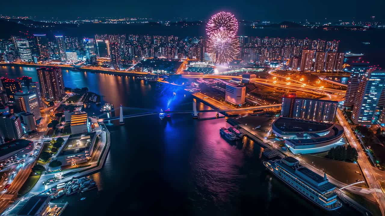 Sparkling fireworks illuminating urban landscape with iconic bridge, casting vibrant colors over river and city lights during nighttime festive celebration