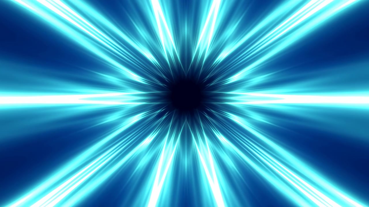 Bright turquoise rays converge around a black center while elongated beams shift in density and brightness across a deep blue field, producing vivid radial movement and layered depth.