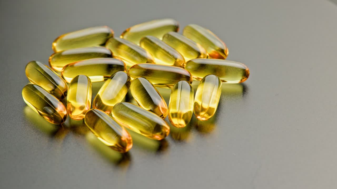 grupo de pastillas transparentes doradas con medicamento líquido girando en la superficie negra