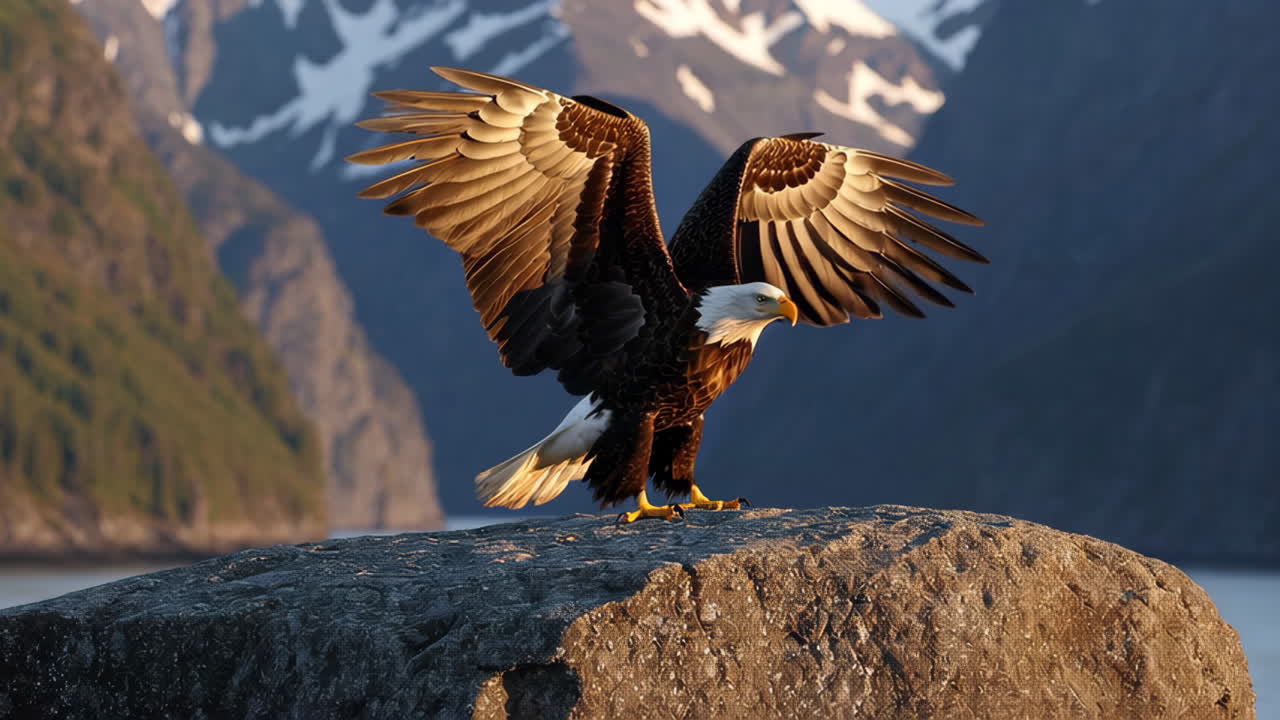Majestic Bald Eagle with Wings Spread on a Rock in a Mountainous Landscape