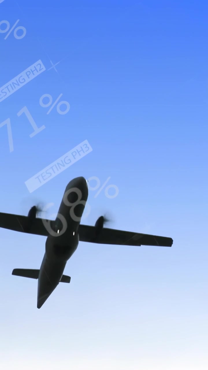 Video vertical: Aeronave acercándose con hélices giratorias, gráficos circulares y porcentajes que escalan para la aviación.