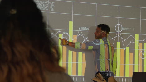 profesor masculino dando una lección de matemáticas o ciencias en una universidad o universidad de pie en la parte delantera de la clase con la proyección del gráfico 2