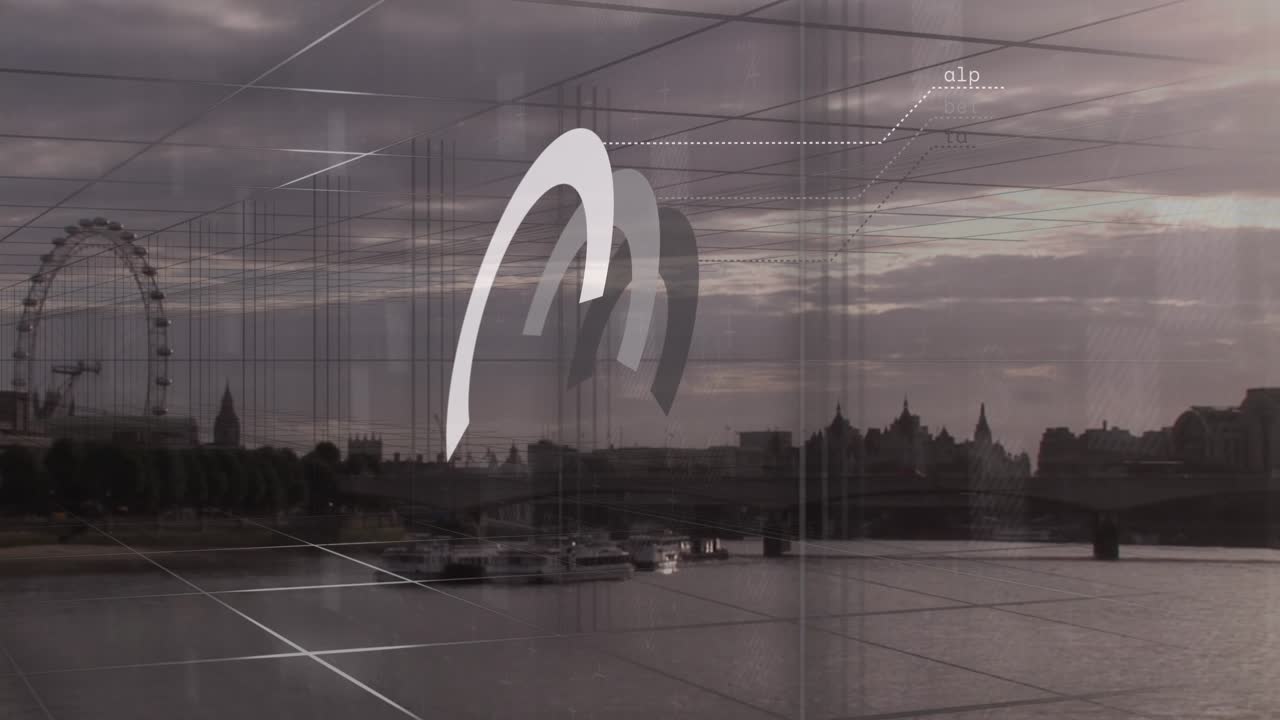 Animation of financial data processing over london cityscape