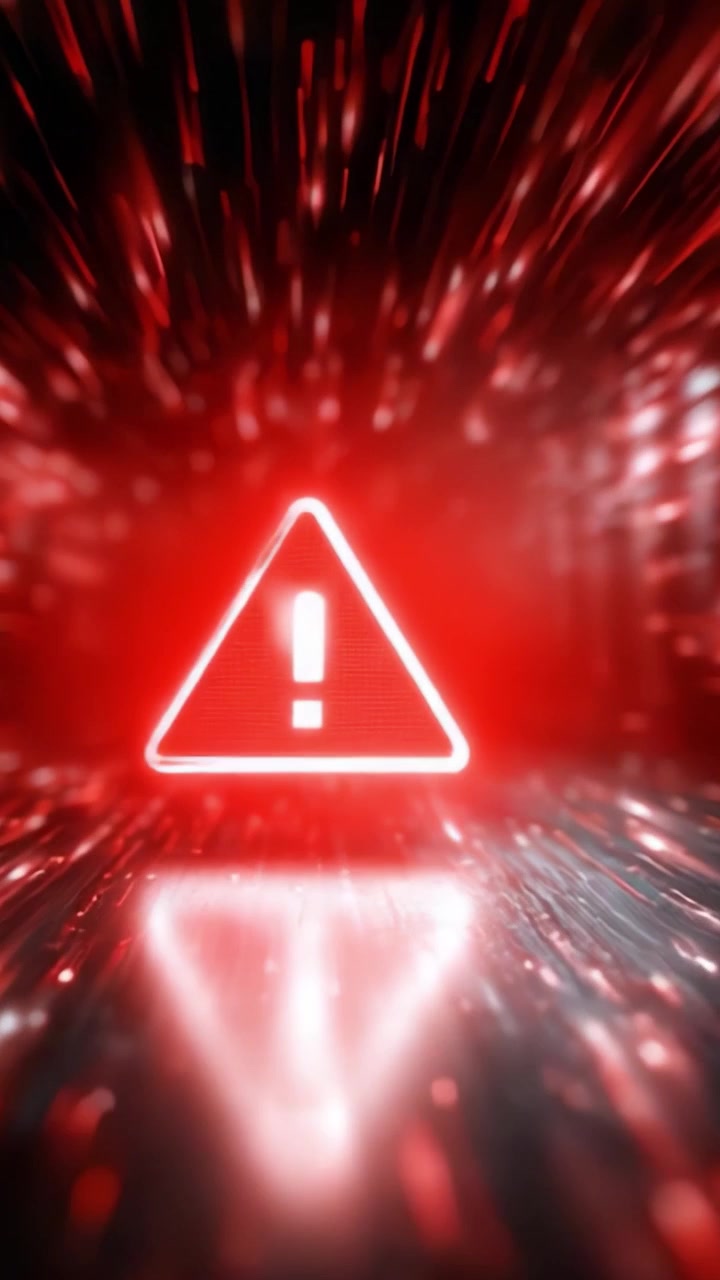 En fængslende visuel rejse gennem et dynamisk digitalt rum, der viser en række glødende røde advarselssymboler, der fremkalder hast og årvågenhed i et højteknologisk miljø