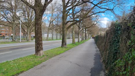 view of an empty street in the swiss capital bern on a calm spring morning, no traffic and no pedestrians are visible
