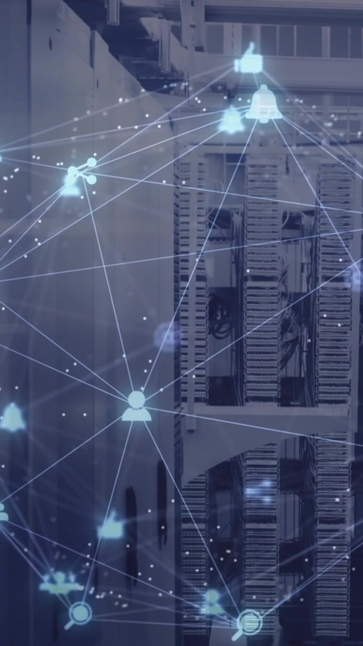 Animation of spinning globe of digital icons and light spot against computer server room