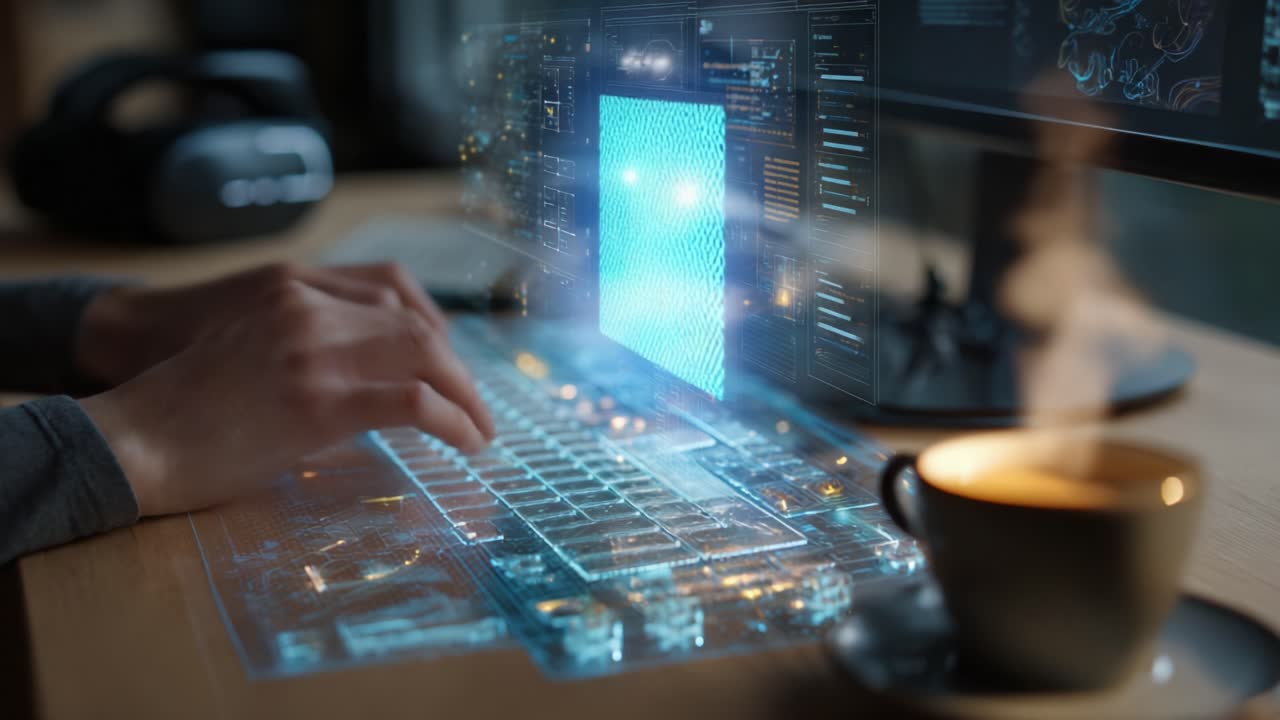 An immersive digital workspace featuring holographic displays with streaming data, a futuristic keyboard interface, and a steaming cup of coffee, exemplifying the blend of technology and productivity in a modern setting