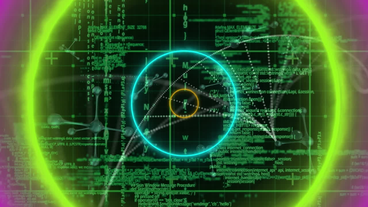 animación de formas circulares de neón en un patrón sin costuras sobre el procesamiento de datos y las estructuras moleculares