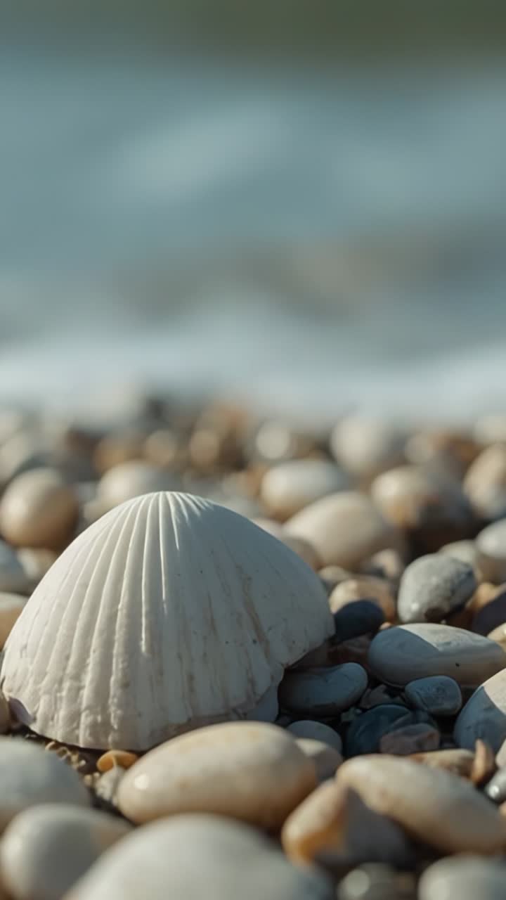 Vertical video: Rolling surf flooding white seashell on shoreline, wetting multicolored pebbles