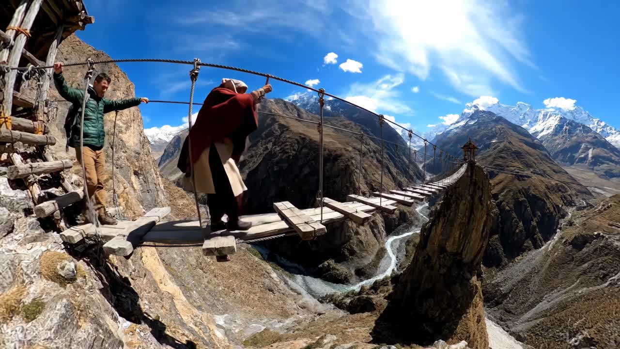 People Crossing a Suspension Bridge in the Mountains