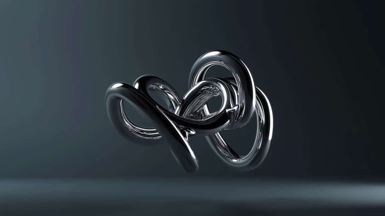 Floating Chrome Abstract Sculpture In Studio, Twisted Reflective Loops Hover Above Dark Seamless Floor, Soft