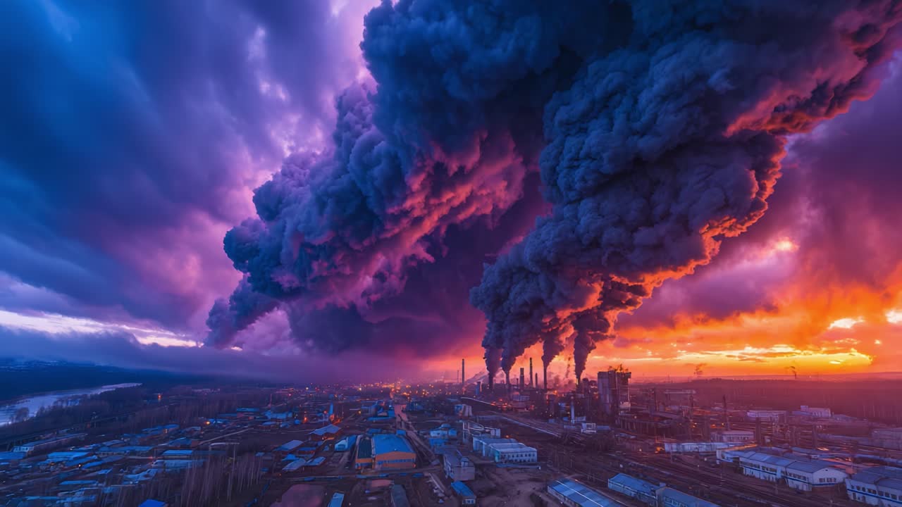 Dramatisk industrielt skyline i skumringen med mørk røg, der vælter op i den farverige himmel og fremhæver miljøforureningens indvirkning