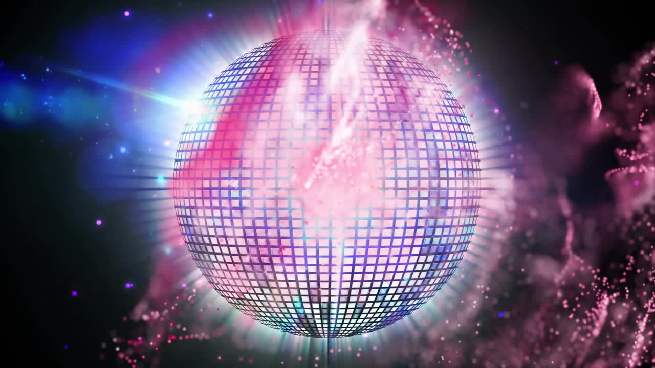 Schwebende reflektierende Kugel mit Gittermuster leuchtet im kosmischen Raum, mit wirbelnden neonpink-blauen Spuren.