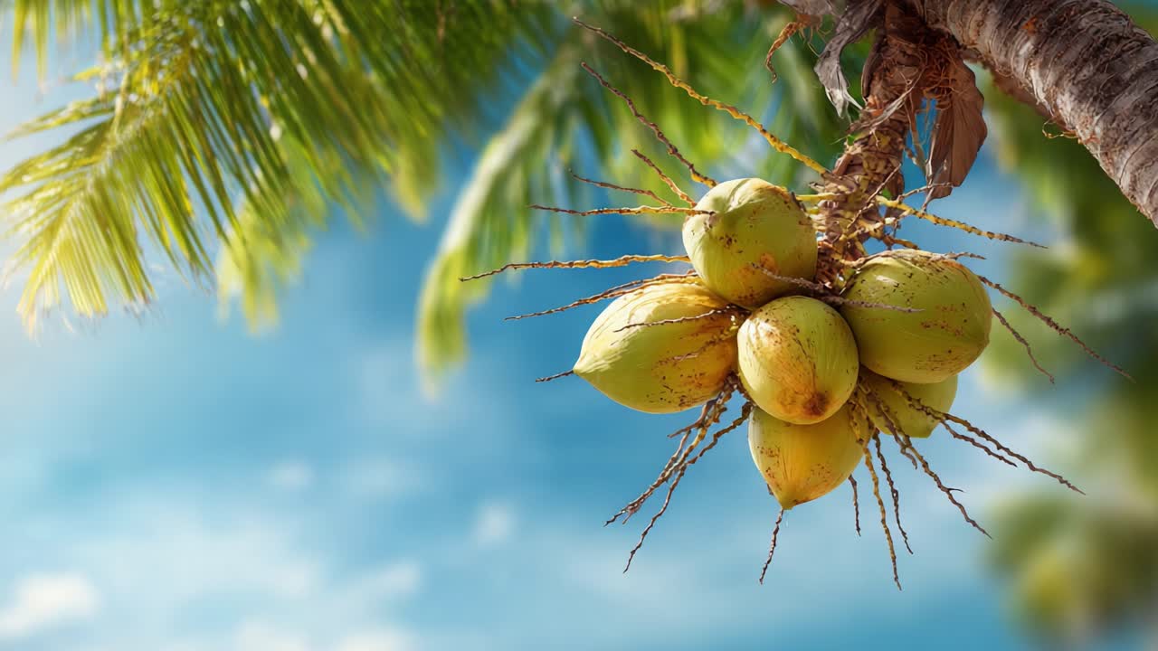 Lush Green Palm Tree Displaying Ripe Coconuts Amidst a Bright Sky, Showcasing Nature's Bounty and Tropical Beauty in Vibrant Detail