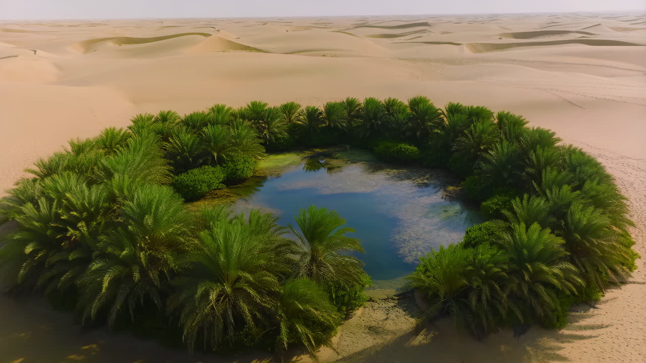 Oasi lussureggiante con palme e uno stagno in un vasto paesaggio desertico