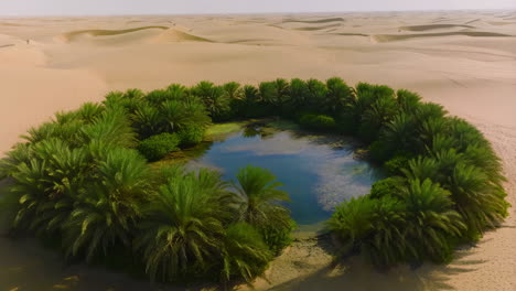 lush oasis with palm trees and a pond in a vast desert landscape