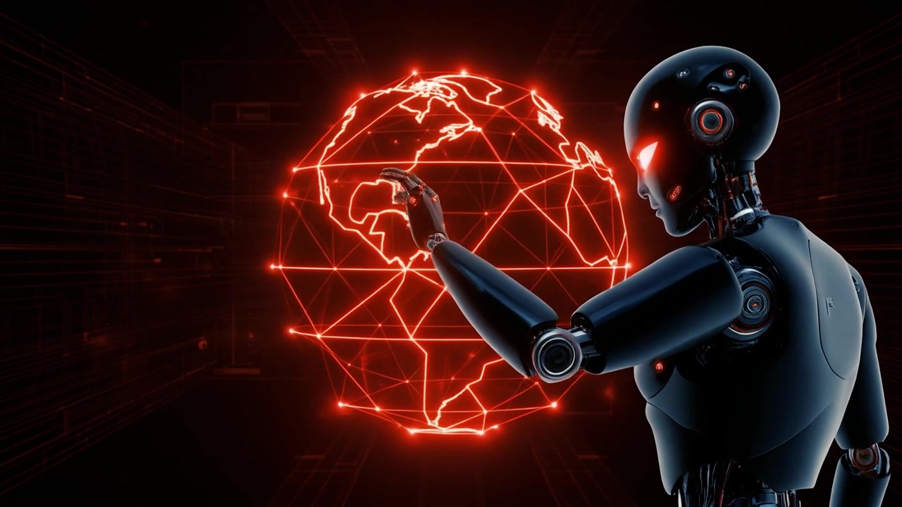 Robot futuristico con un globo digitale luminoso