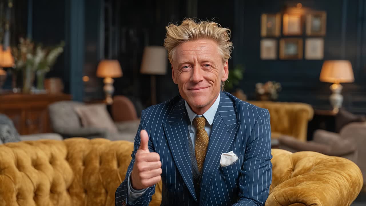 A Confident Professional Captures Attention with a Friendly Gesture in an Elegant Interior Setting, Showcasing a Mix of Charm and Style