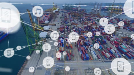 animation of network of connections with icons over shipping yard