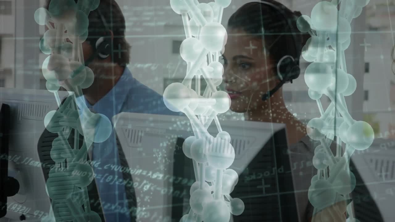Agenti di call center aziendale che gestiscono chiamate di supporto in arrivo, con sovrapposizione molecolare.
