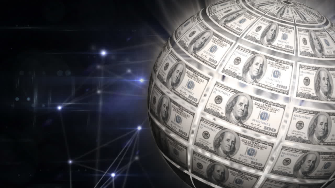 compuesto digital de globo de dólares y concepto de tecnología blockchain