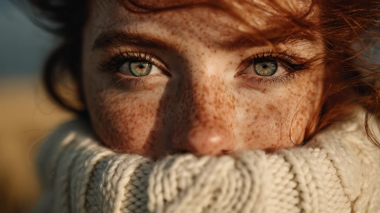 A Captivating Portrait of a Young Woman with Striking Freckles and Mesmerizing Eyes, Wrapped in a Cozy Sweater Against a Soft, Natural Background