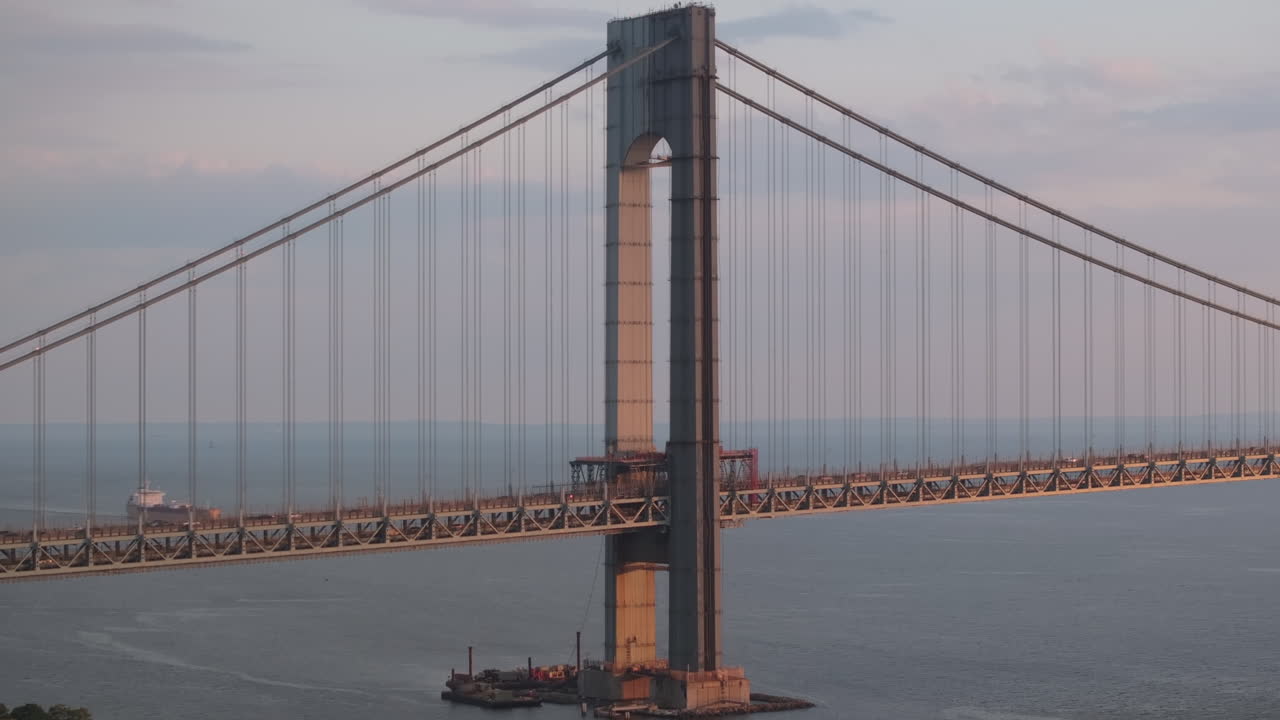 Aerial view of the Verrazzano-Narrows Bridge at dusk. Shot in Brooklyn, New York on a summer day