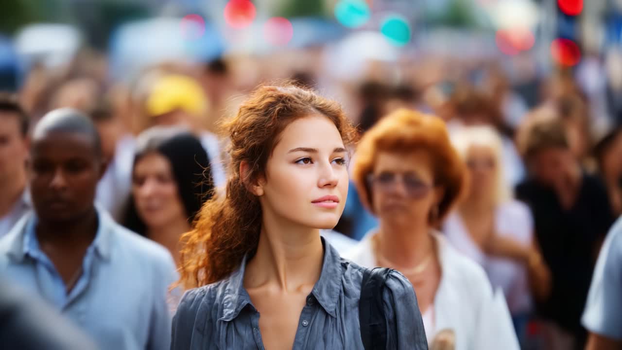 Uma jovem atenciosa navega por uma multidão urbana movimentada, refletindo a experiência coletiva da vida na cidade e os momentos pessoais em meio à agitação.