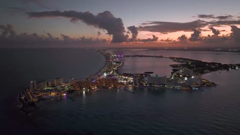 aerial view over the paradise resorts of zona hotelera, dawn in cancun, mexico