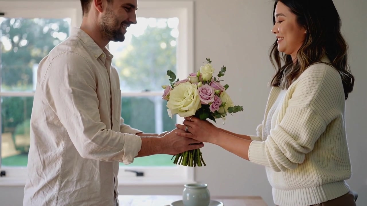 Uomo che offre un bouquet in regalo, donna che lo prende, mettendo gli steli in un vaso a casa, poi si abbracciano