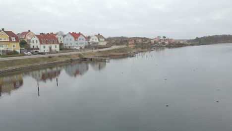 aerial view of the still water in karlskrona, sweden with a group of birds in the water and a man running by the coastline, with typical swedish houses in the background