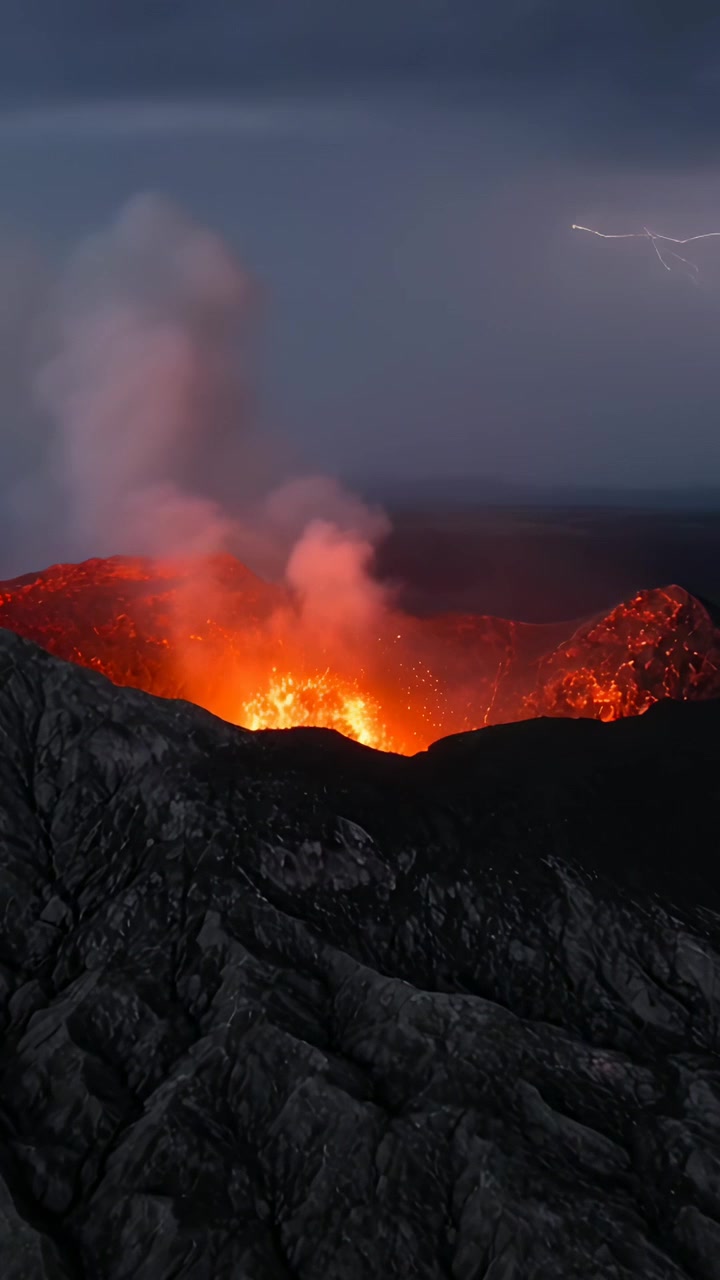 Vertical video: Watching crater emitting molten lava after vent pulse on rim at dusk, sending smoke