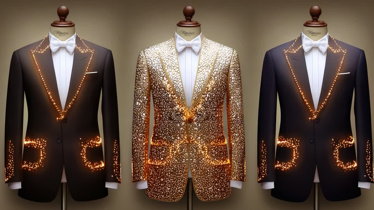 A Showcase of Elegance: Three Stunning Tuxedos Featuring Dazzling Light Accents with Bow Ties, Perfect for Formal Occasions, Weddings, and Celebratory Events with Stylish Sophistication