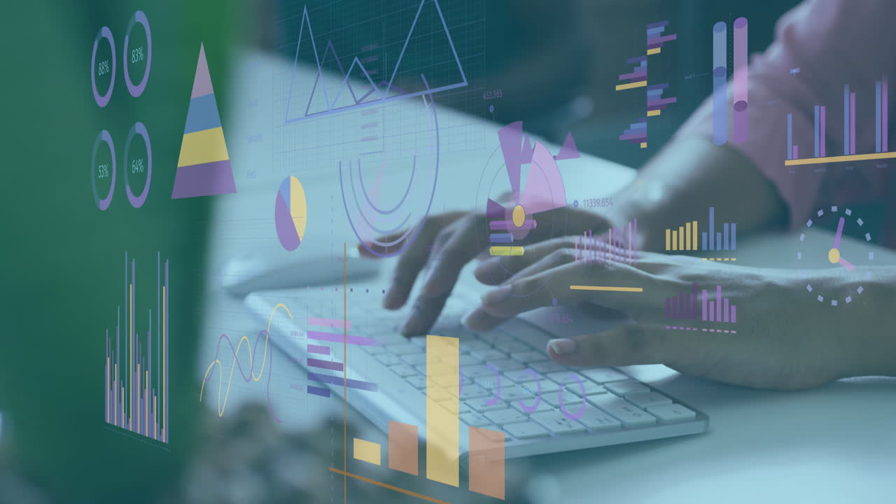 Animation of statistical data processing against mid section of woman typing on keyboard at office