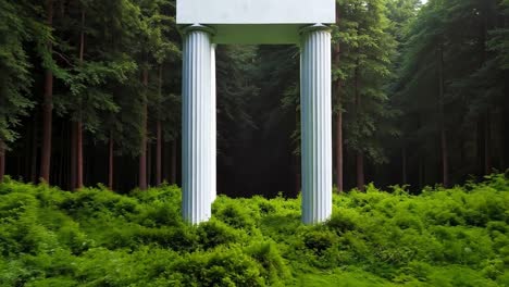 a white pillar in the middle of a lush green forest