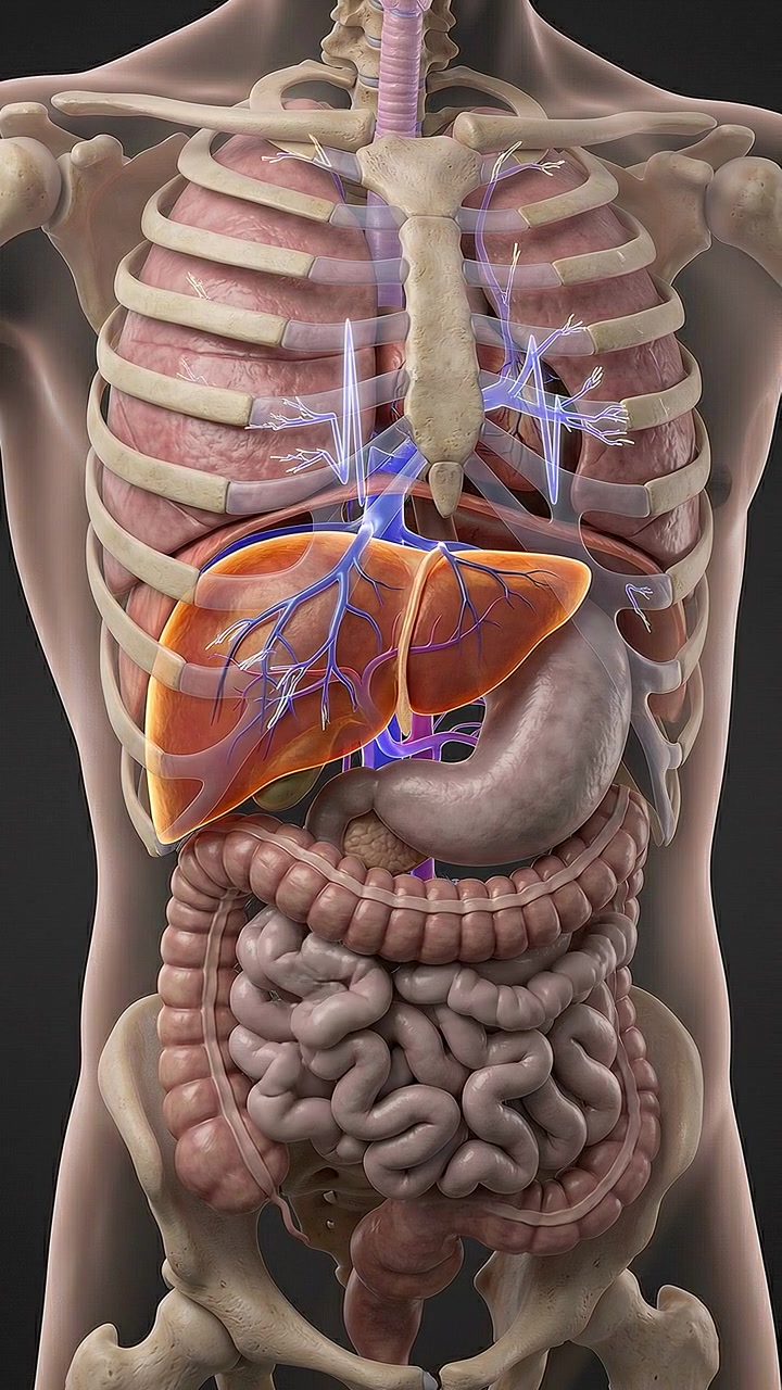 Vertical anatomical torso model showing heart lungs liver and intestines