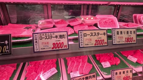 various cuts of kobe beef showcased with prices.