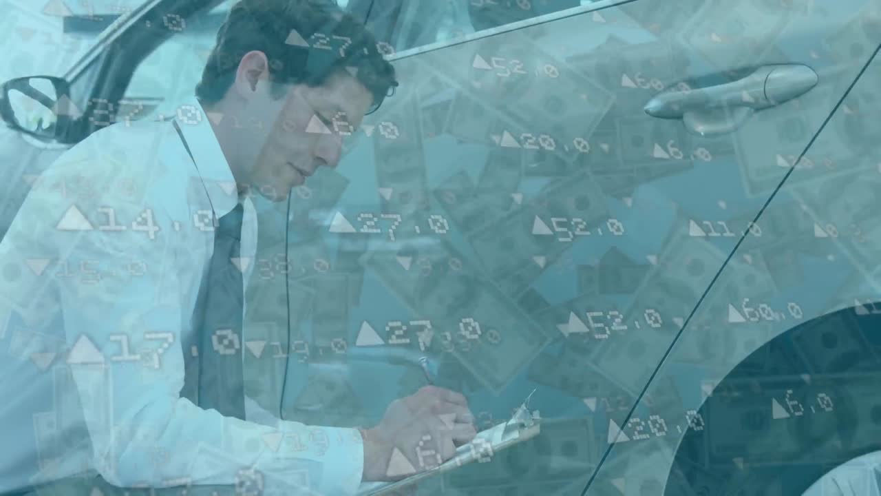 미국 달러 지폐와 숫자가 떠다니는 백인 남자가 ca에 의해 squatting 애니메이션