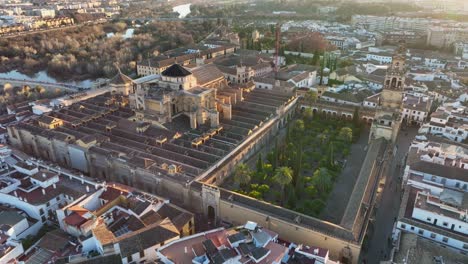 aerial view of gardens of the alcazar of cordoba, spain. flying over mosque-cathedral in cordoba, spain