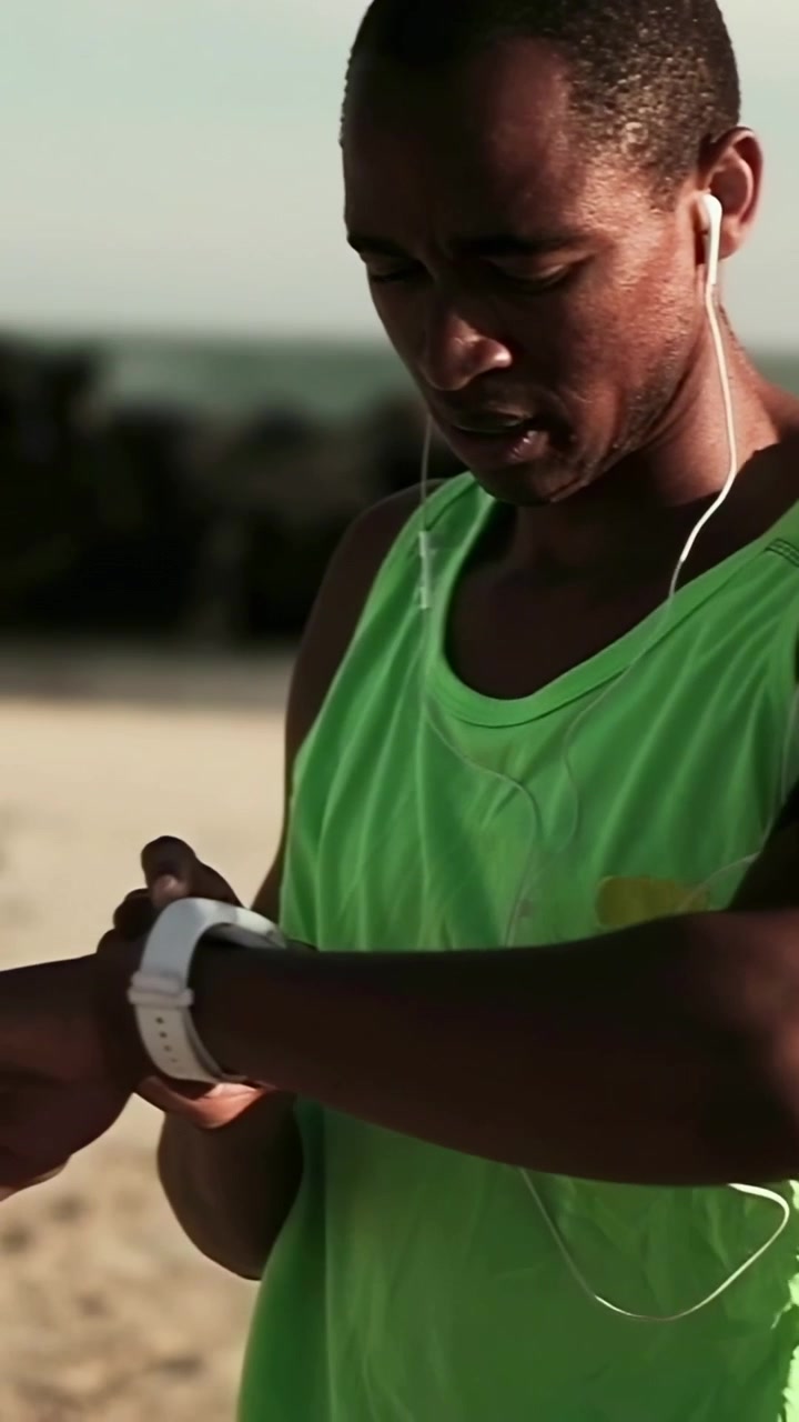 Vertical video: Pausing run, runner wearing neon tank checking smartwatch and armband by red post